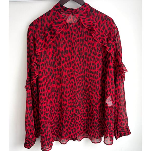 Rachel Roy Plus Sz 22W Sheer Red Black Leopard Ruffle Blouse Holiday Party Top - Picture 5 of 6